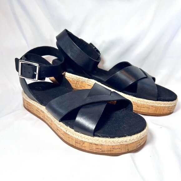 Clarks Shoes - Clarks Women's 1 " Wedge Cork Leather Around Ankle Sandals-Size 8 1/2-Black/Tan